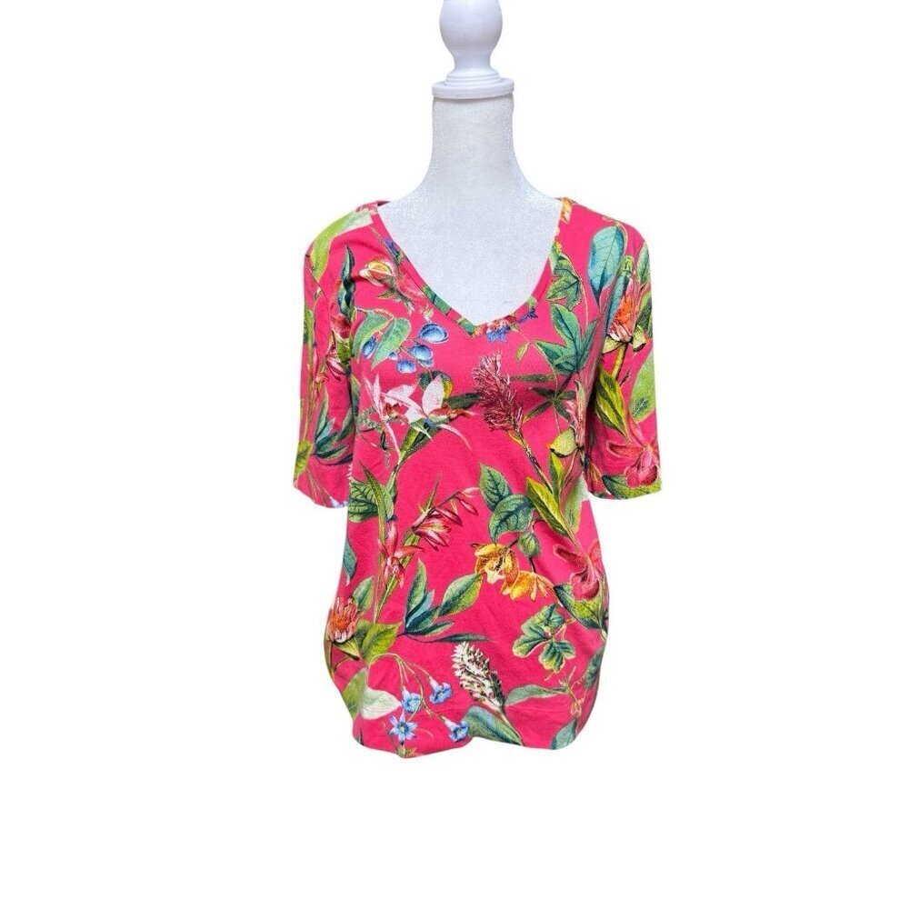 Chicos Pima Cotton Floral V Neck Top Size 1 Pink Botanical Tee